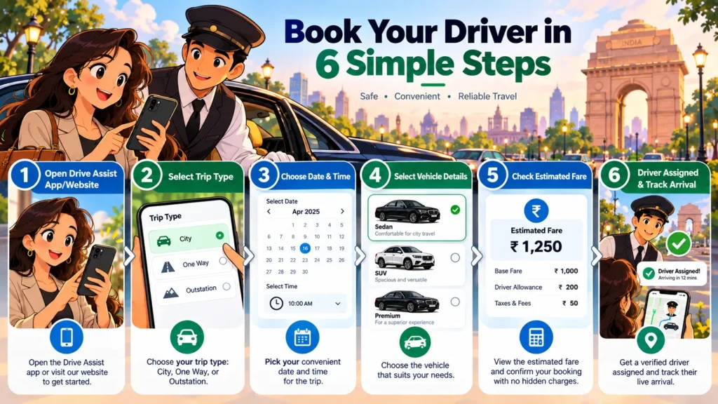 Steps to book a driver on demand online through Drive Assist app in Delhi NCR