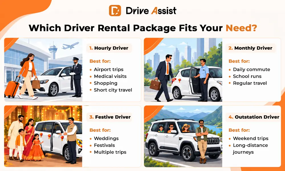 Comparison of hourly monthly festive and outstation driver rental packages in Delhi NCR